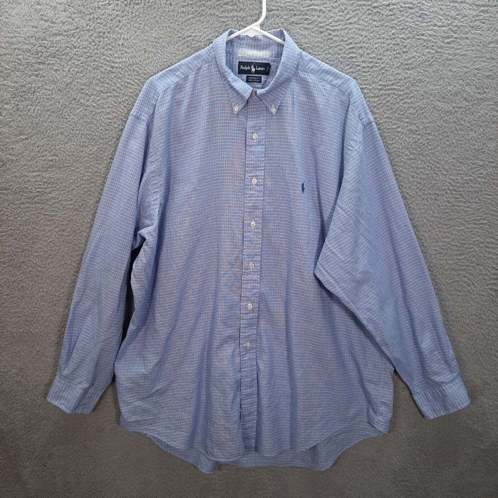 Ralph Lauren Shirt Adult 17.5 Blue White Plaid Yarmouth Preppy Careerwear Casual